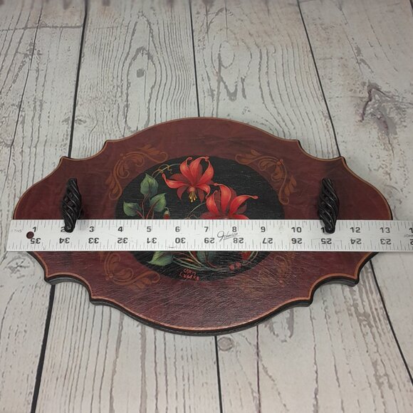 Wood Tray Hand Painted Floral Metal Handles Footed Artist Signed - Picture 10 of 11